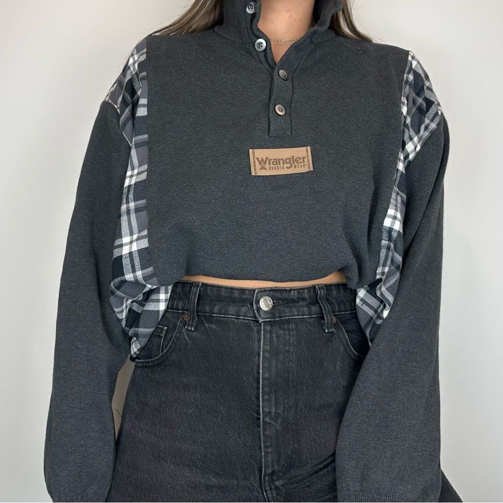 Reworked Wrangler Sweater Shirt Country Gray Henley Long Sleeve Flannel Plaid